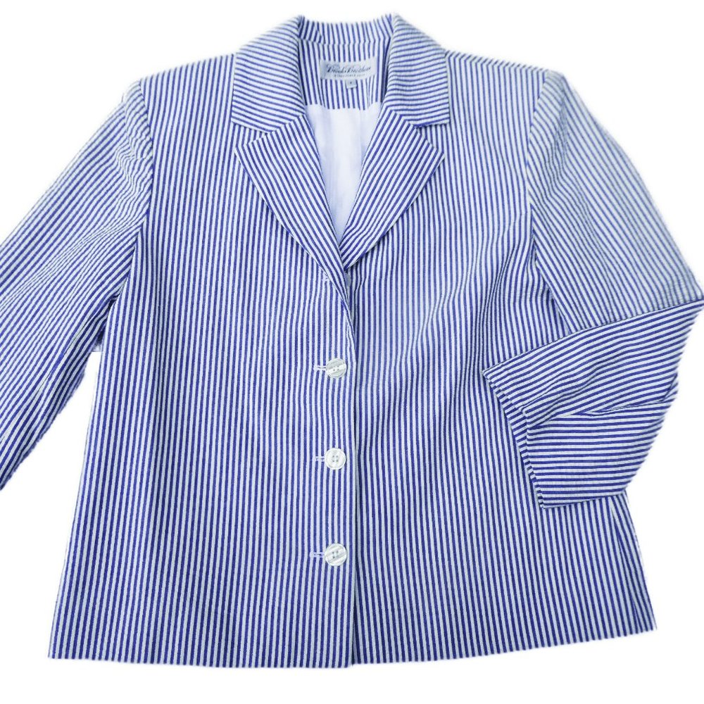 Vintage Brooks Brother Seersucker Blue Ivory Stripe Cotton Blazer Lined USA 8 - Picture 1 of 9